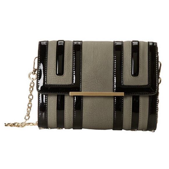 BIG BUDDHA Women's Gray Temple Black Patent Leather Chain Strap Handbag NWT - Picture 2 of 13